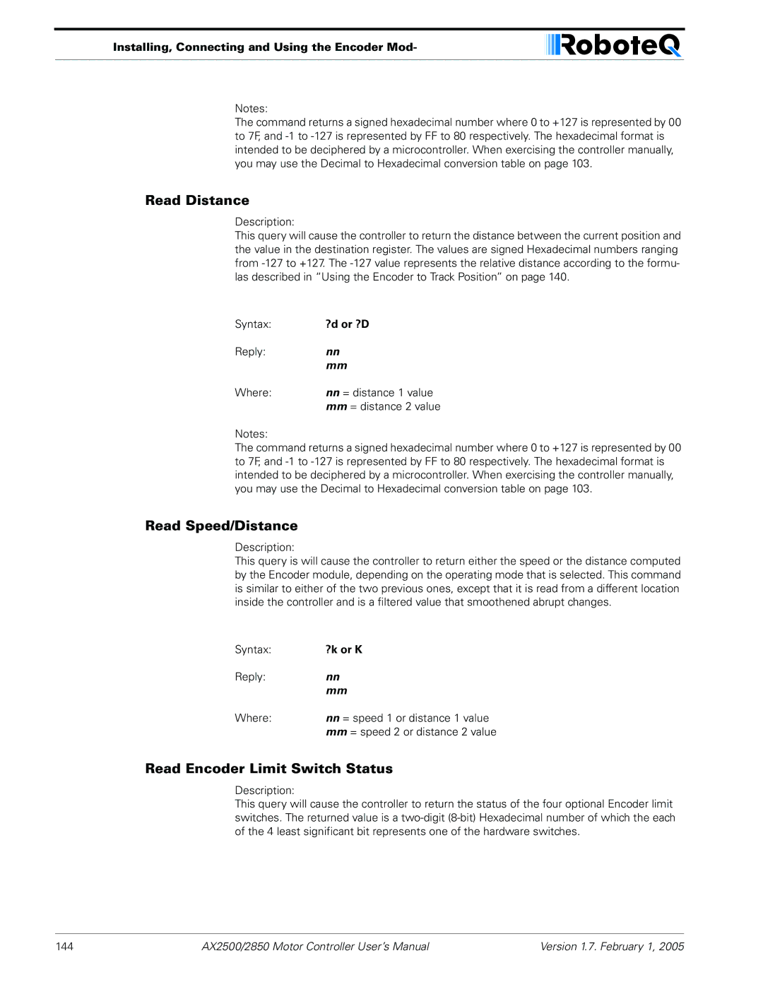 RoboteQ AX2550/2850 user manual Read Distance, Read Speed/Distance, Read Encoder Limit Switch Status 