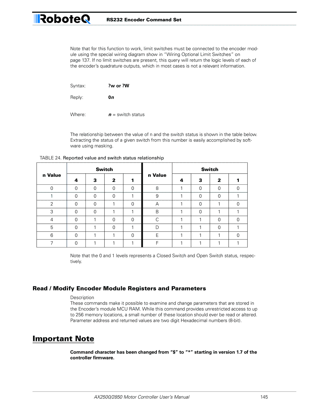 RoboteQ AX2550/2850 user manual Read / Modify Encoder Module Registers and Parameters, ?w or ?W, Switch Value 