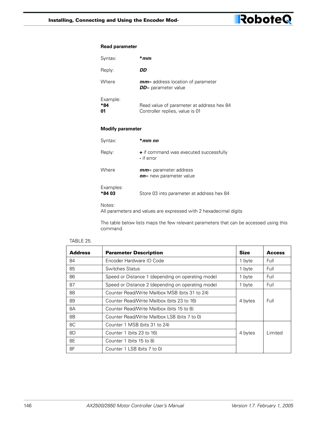 RoboteQ AX2550/2850 user manual Controller replies, value is, Address Parameter Description Size Access 