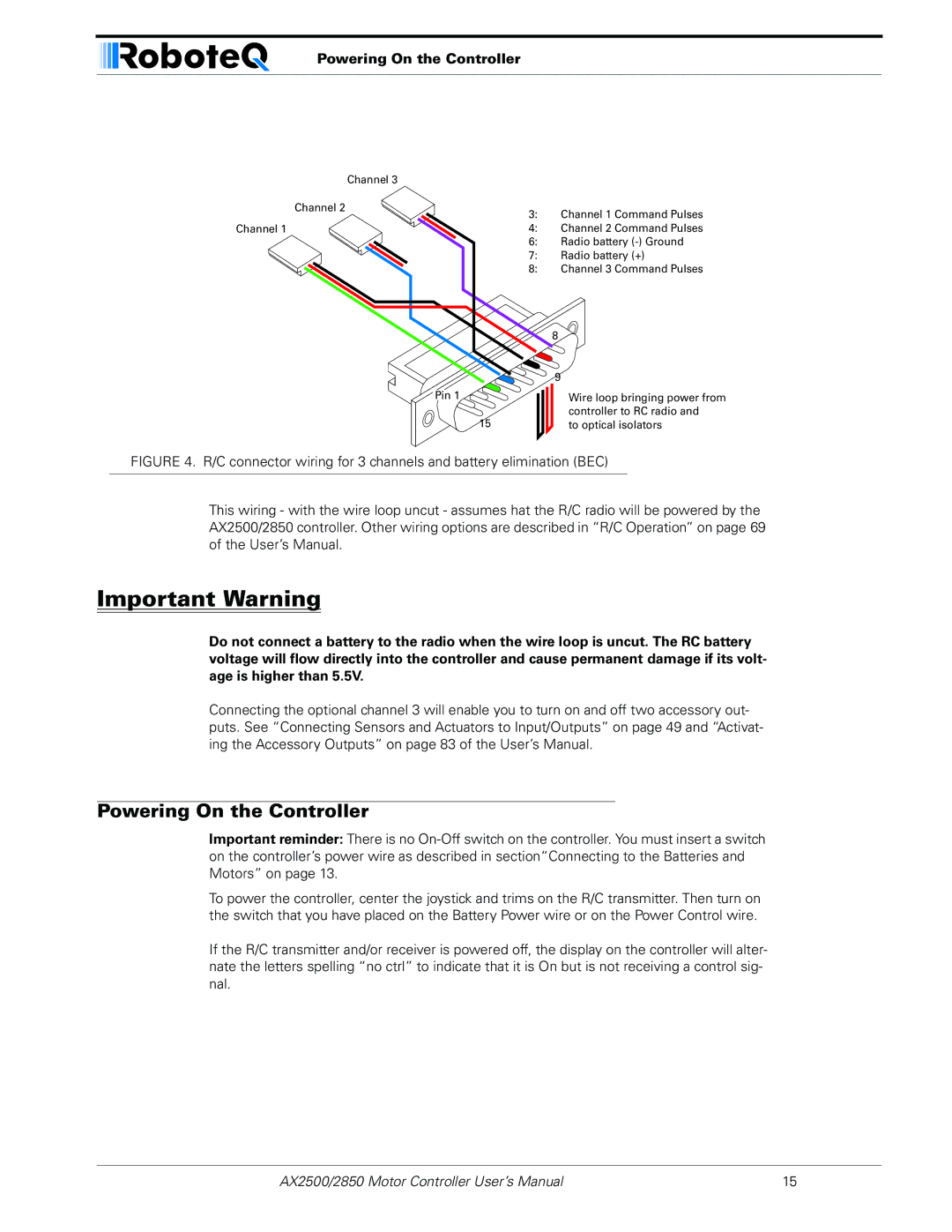 RoboteQ AX2550/2850 user manual Powering On the Controller 