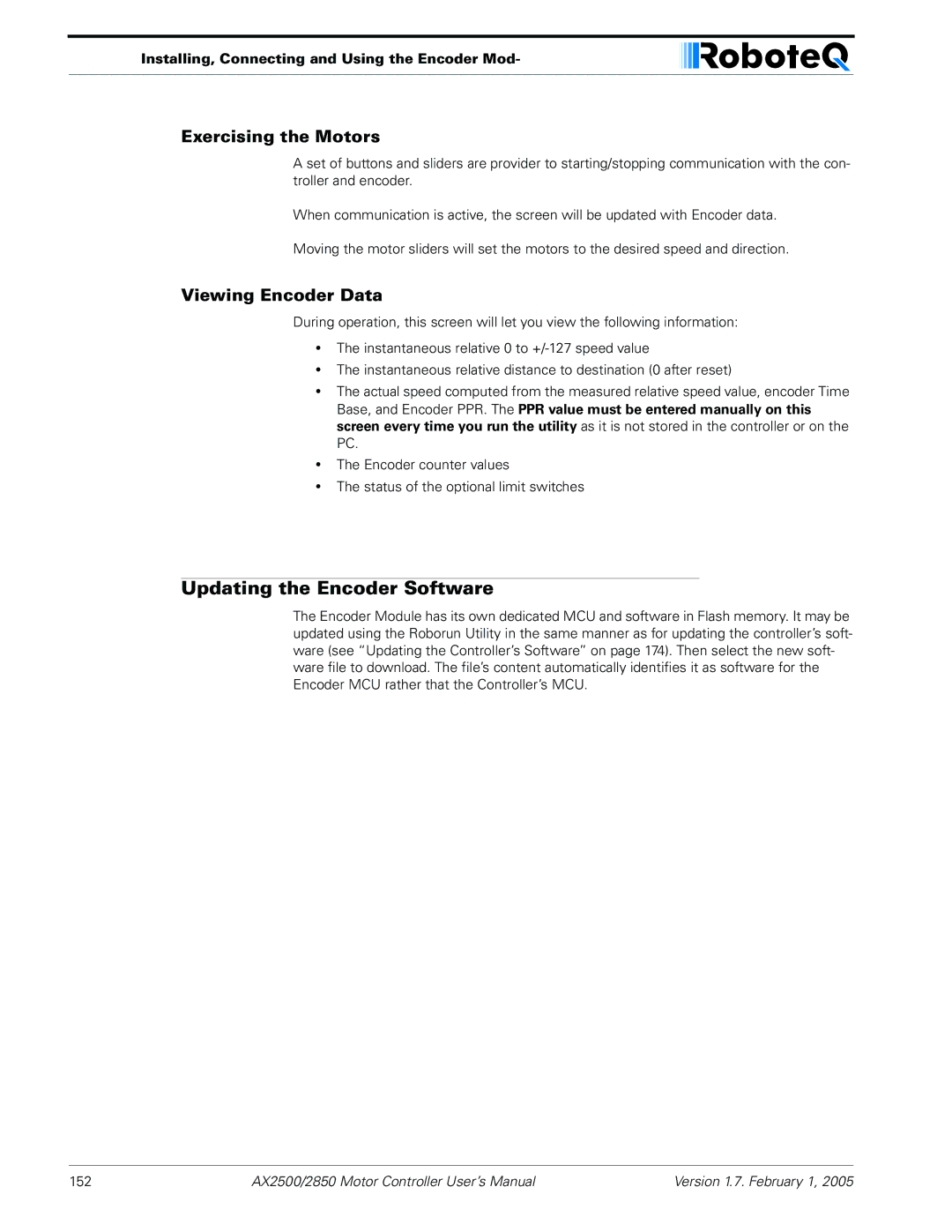 RoboteQ AX2550/2850 user manual Updating the Encoder Software, Exercising the Motors, Viewing Encoder Data 