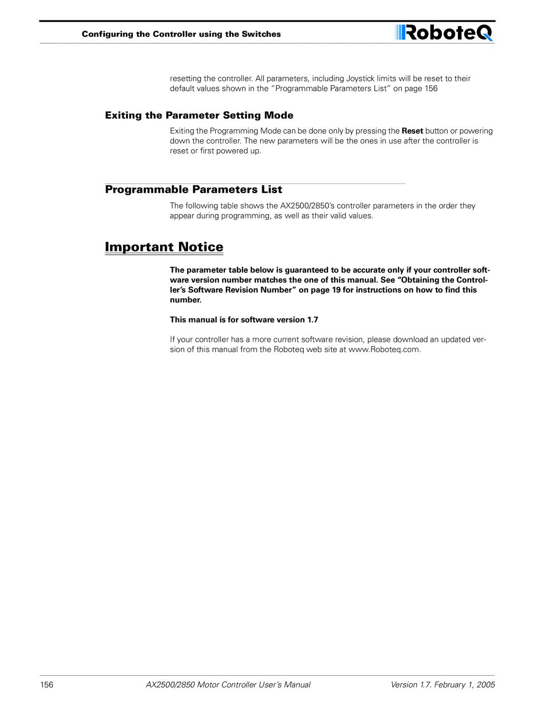 RoboteQ AX2550/2850 user manual Programmable Parameters List, Exiting the Parameter Setting Mode 