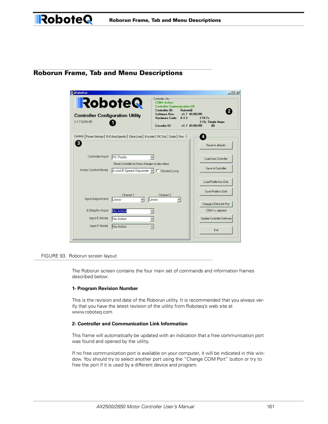 RoboteQ AX2550/2850 user manual Roborun Frame, Tab and Menu Descriptions 