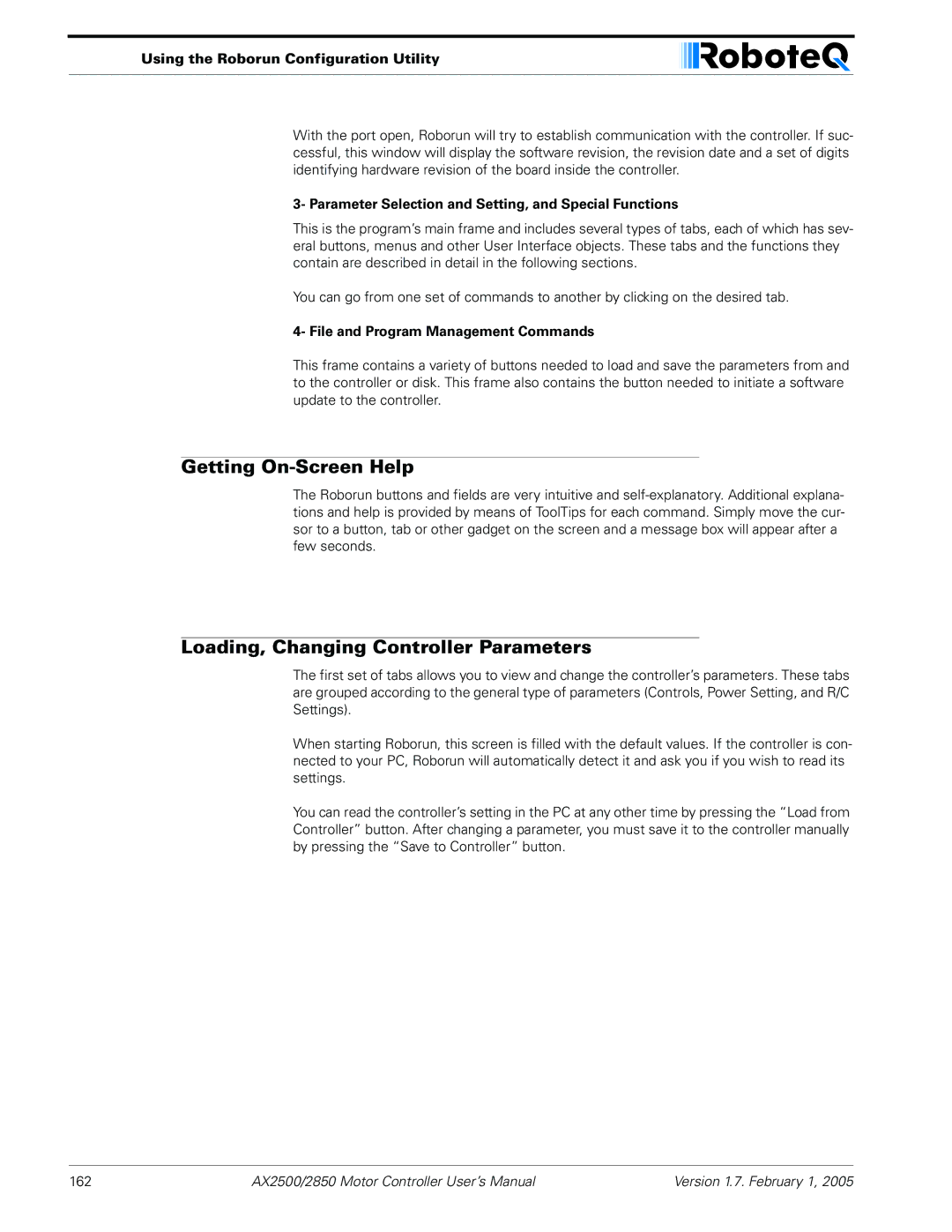 RoboteQ AX2550/2850 Getting On-Screen Help, Loading, Changing Controller Parameters, File and Program Management Commands 