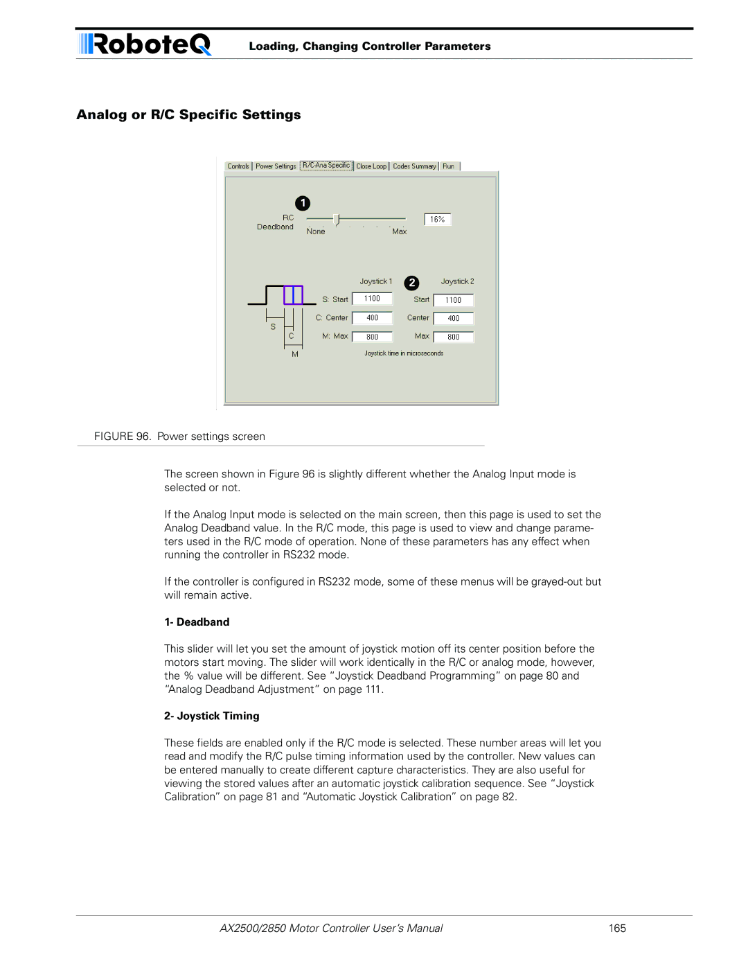 RoboteQ AX2550/2850 user manual Analog or R/C Specific Settings, Deadband, Joystick Timing 