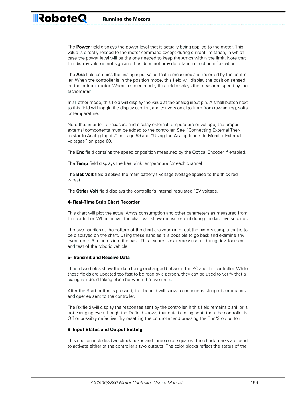RoboteQ AX2550/2850 user manual Running the Motors, Real-Time Strip Chart Recorder, Transmit and Receive Data 
