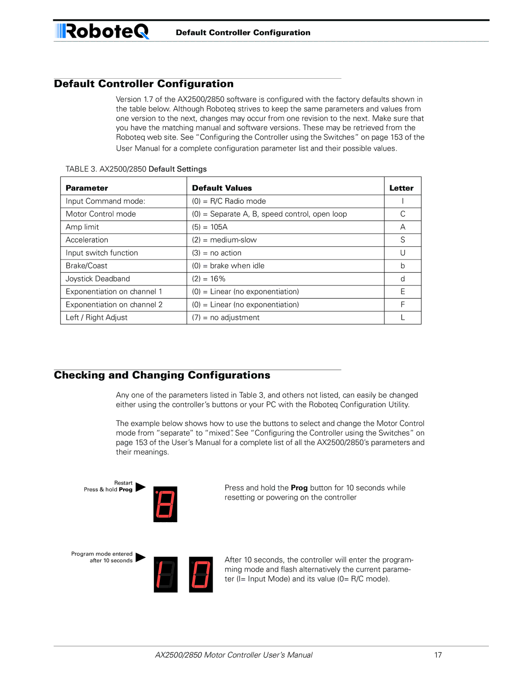 RoboteQ AX2550/2850 user manual Default Controller Configuration, Checking and Changing Configurations 