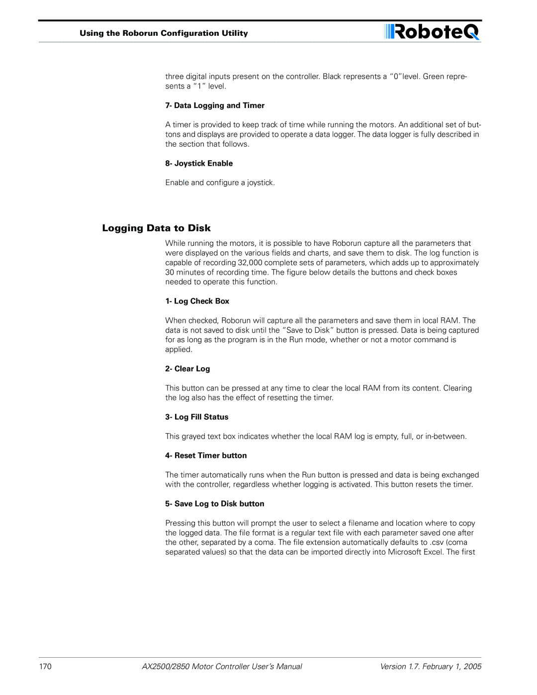 RoboteQ AX2550/2850 user manual Logging Data to Disk 