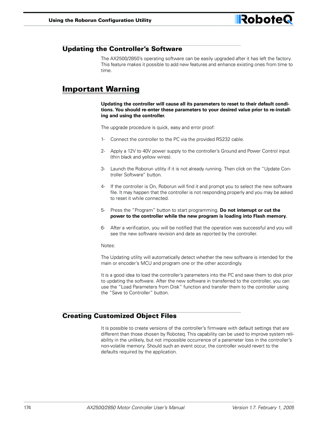 RoboteQ AX2550/2850 user manual Updating the Controller’s Software, Creating Customized Object Files 