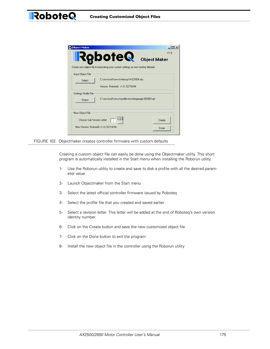 RoboteQ AX2550/2850 Creating Customized Object Files, Objectmaker creates controller firmware with custom defaults 
