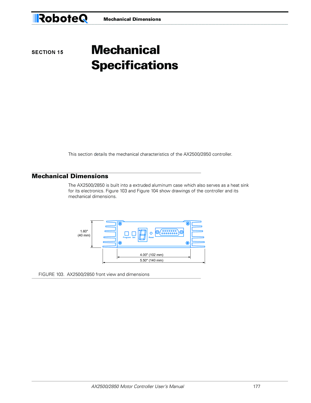 RoboteQ AX2550/2850 user manual Mechanical Specifications, Mechanical Dimensions 