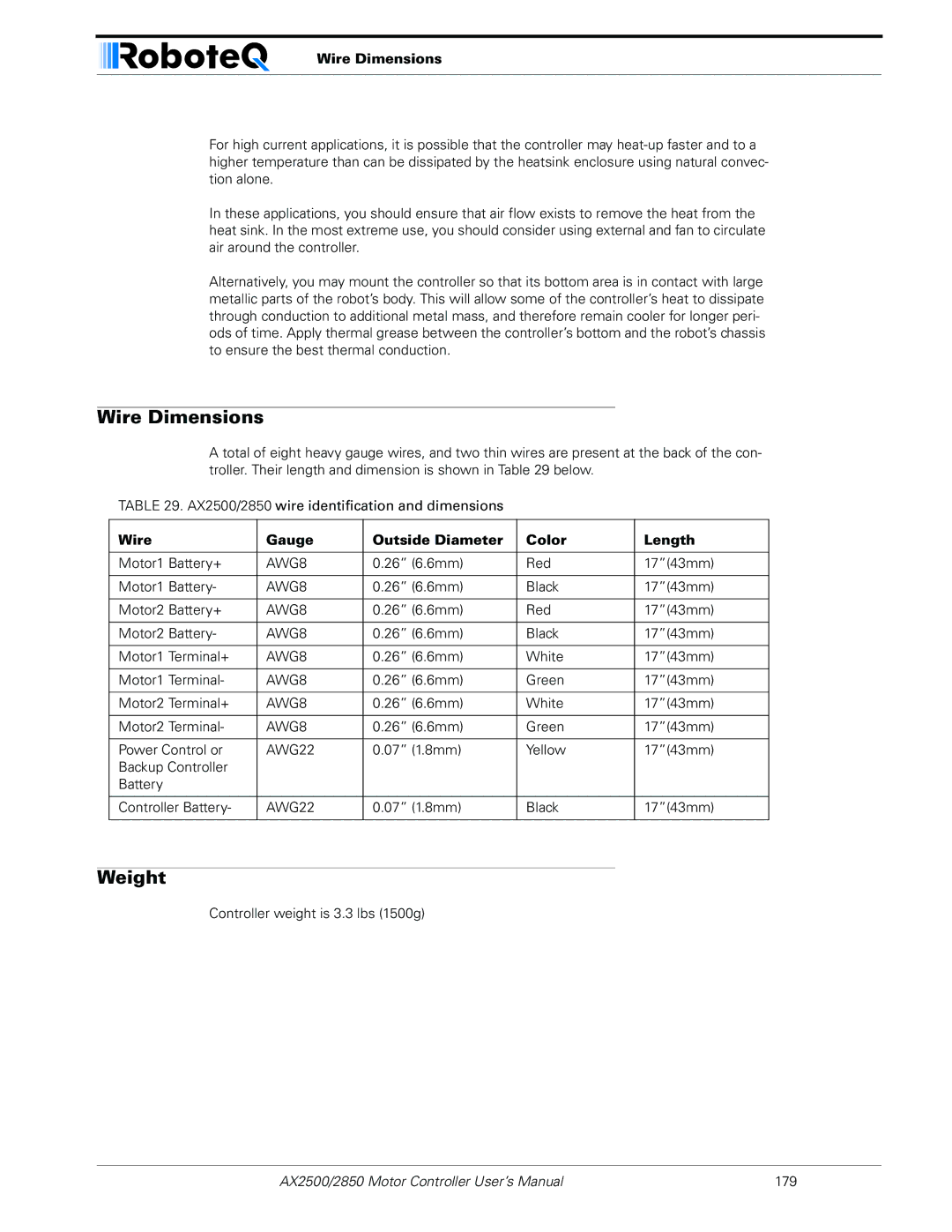 RoboteQ AX2550/2850 user manual Wire Dimensions, Weight, Wire Gauge Outside Diameter Color Length 