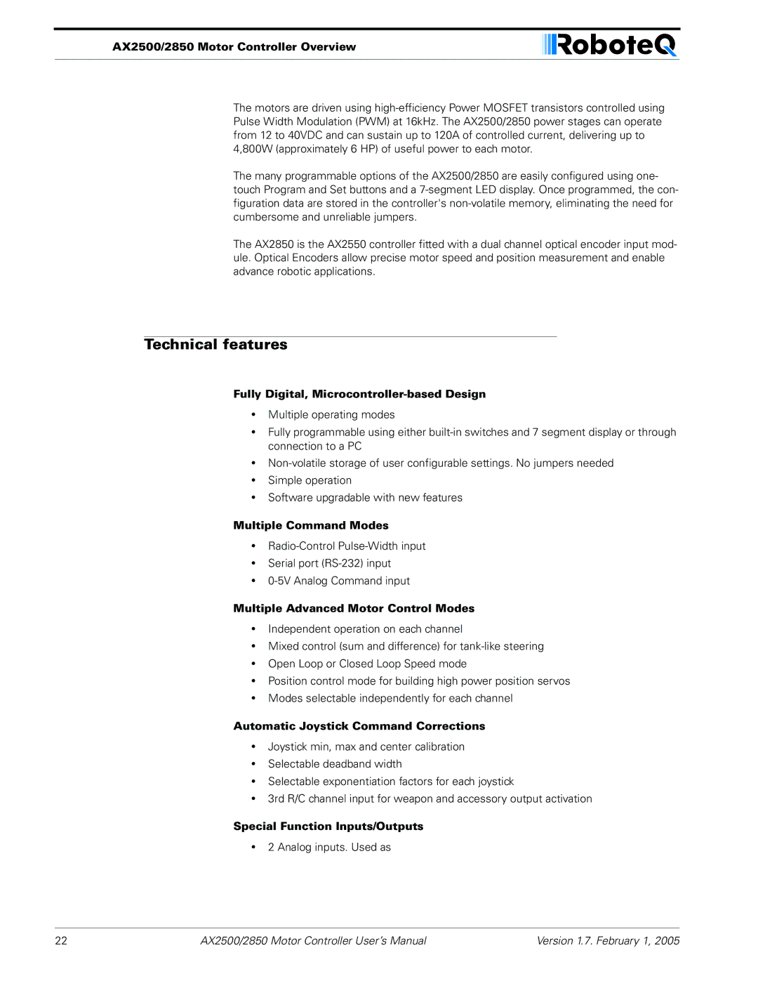 RoboteQ AX2550/2850 user manual Technical features 