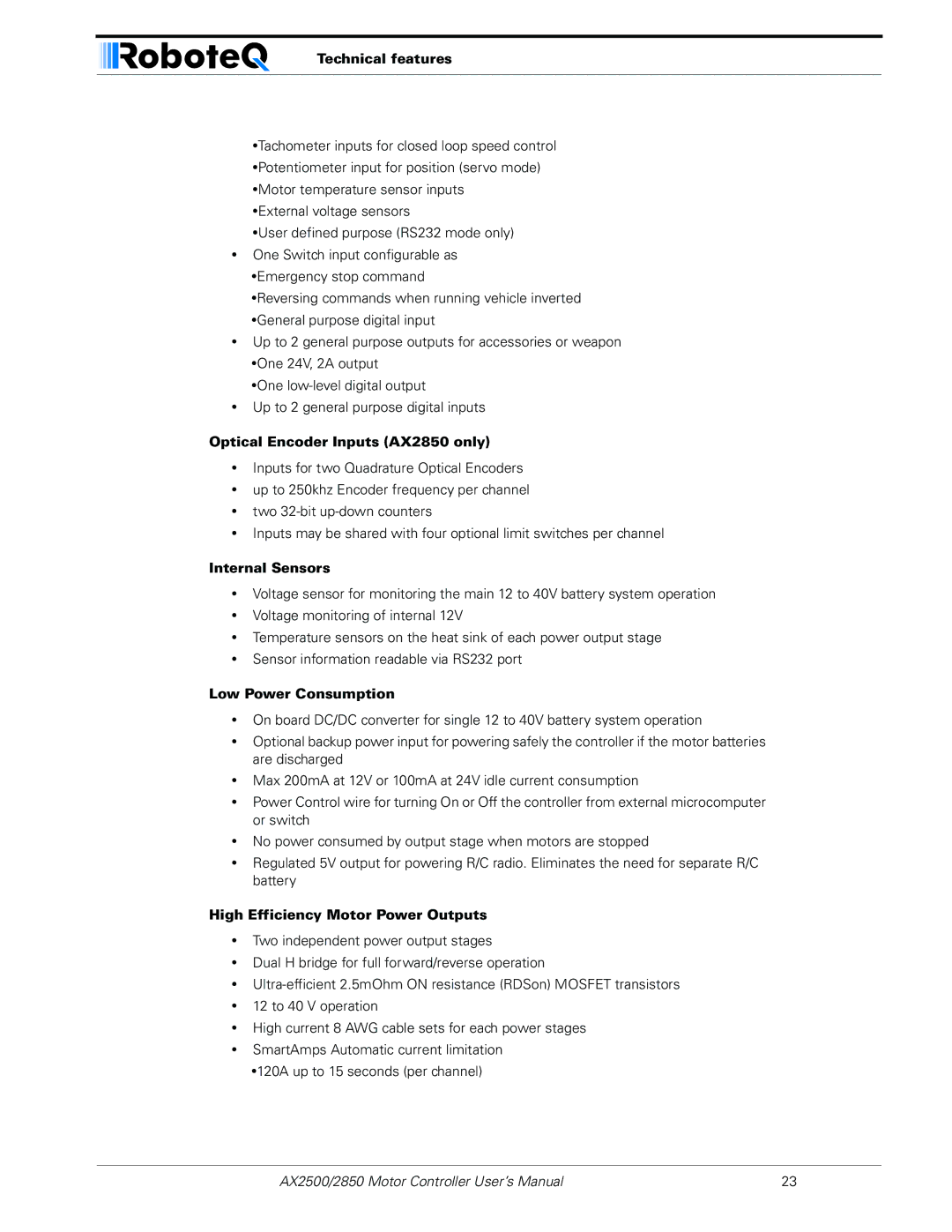 RoboteQ AX2550/2850 Technical features, Optical Encoder Inputs AX2850 only, Internal Sensors, Low Power Consumption 