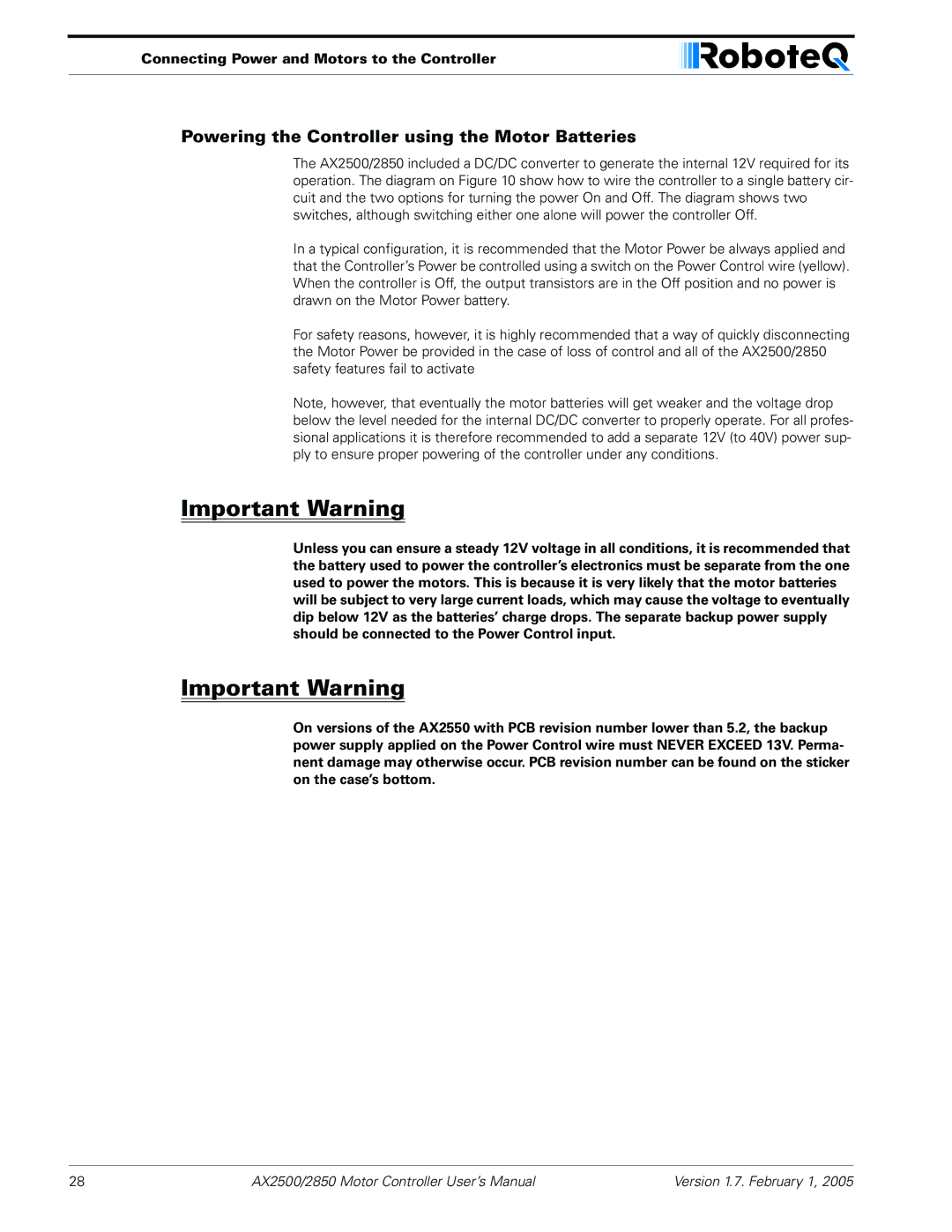 RoboteQ AX2550/2850 user manual Powering the Controller using the Motor Batteries 