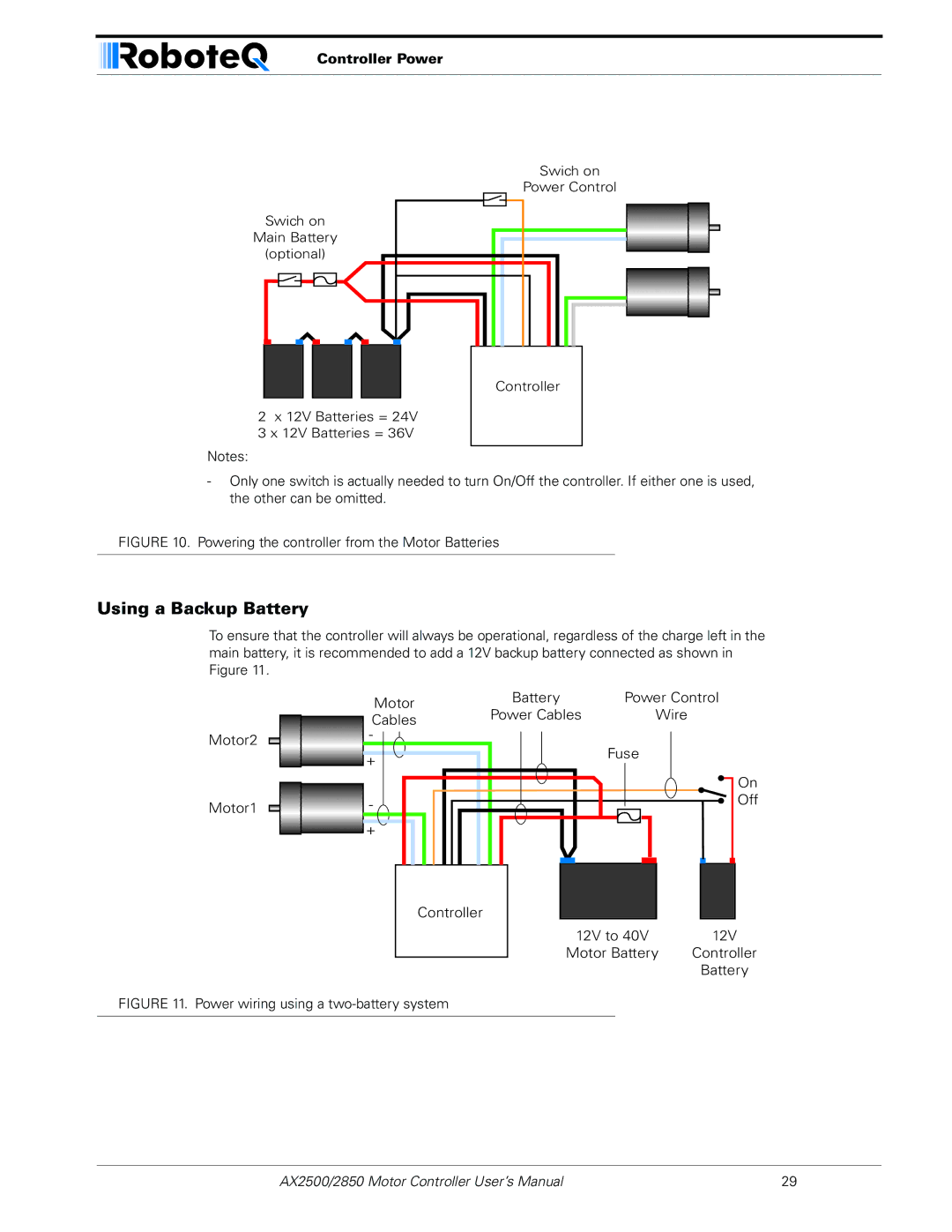 RoboteQ AX2550/2850 user manual Using a Backup Battery, Powering the controller from the Motor Batteries 