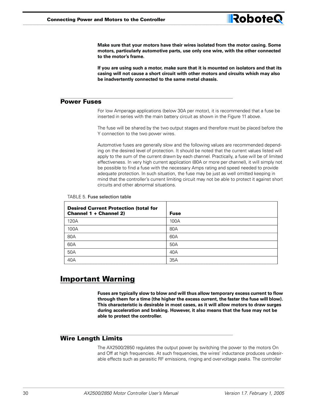 RoboteQ AX2550/2850 user manual Power Fuses, Wire Length Limits 