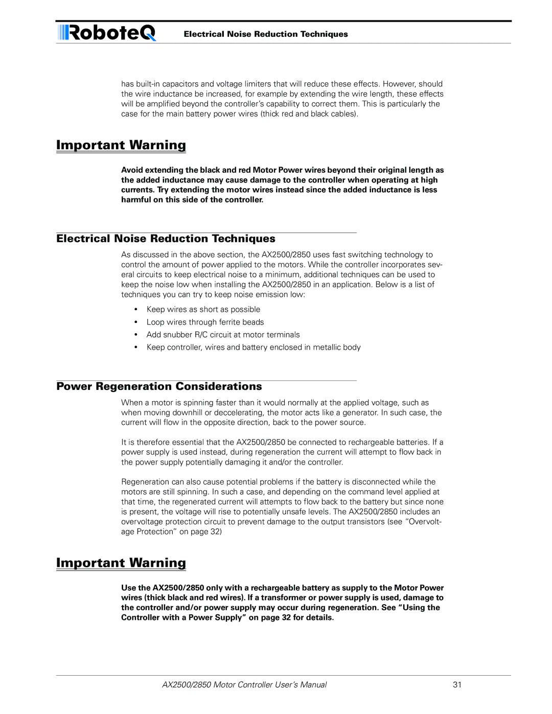 RoboteQ AX2550/2850 user manual Electrical Noise Reduction Techniques, Power Regeneration Considerations 