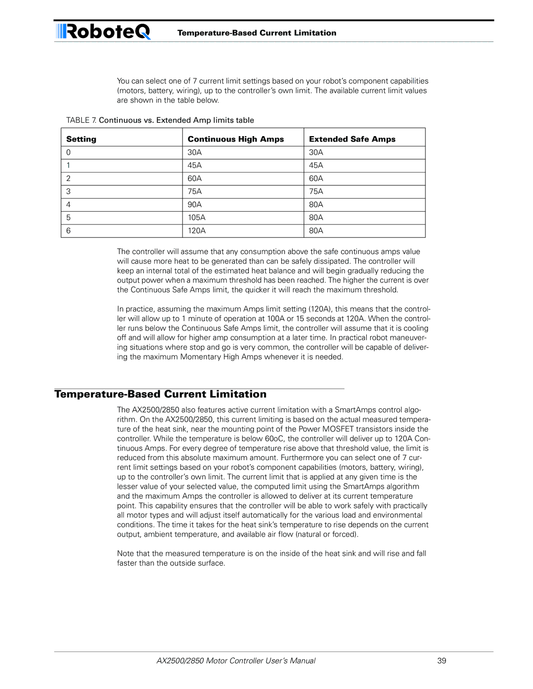 RoboteQ AX2550/2850 user manual Temperature-Based Current Limitation, Setting Continuous High Amps Extended Safe Amps 