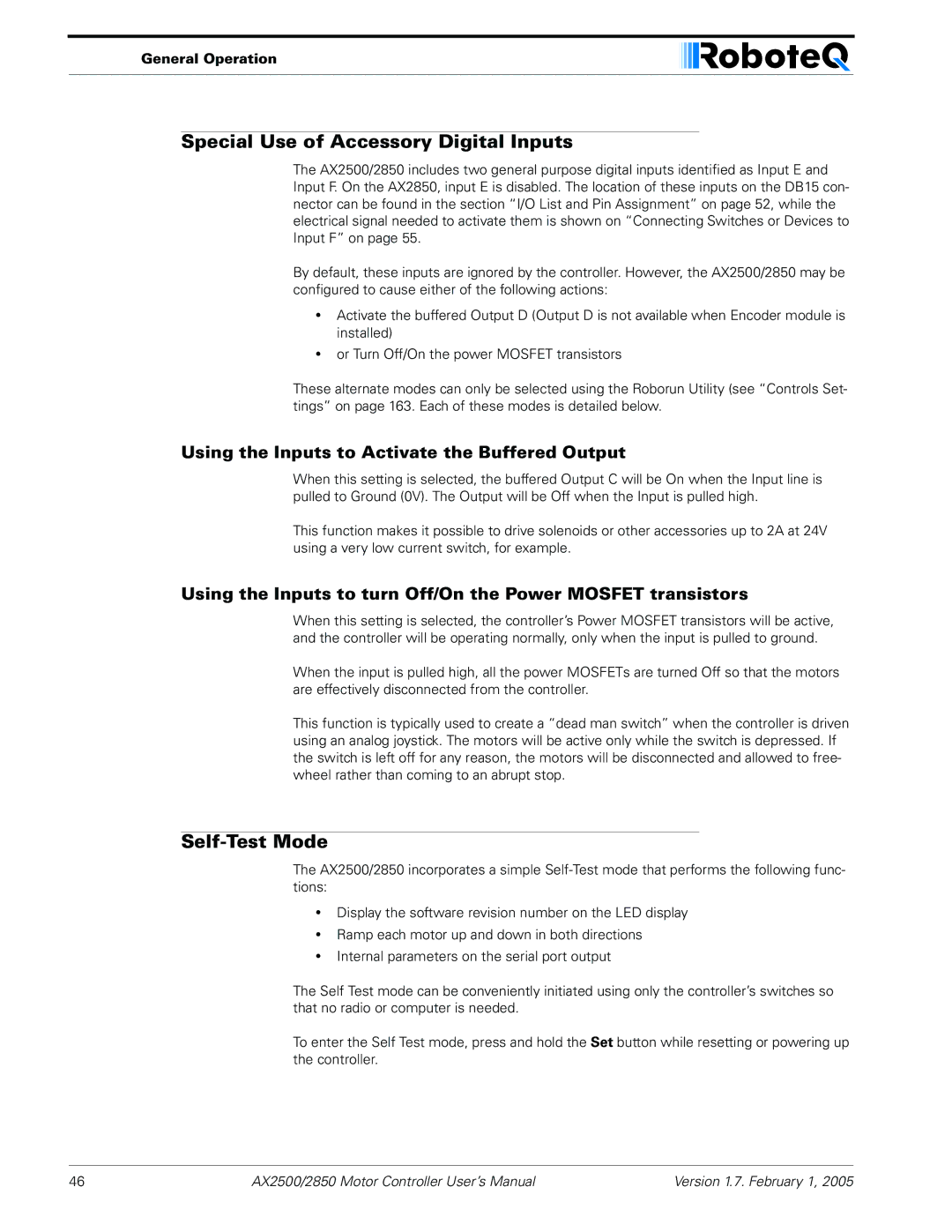 RoboteQ AX2550/2850 user manual Special Use of Accessory Digital Inputs, Self-Test Mode 