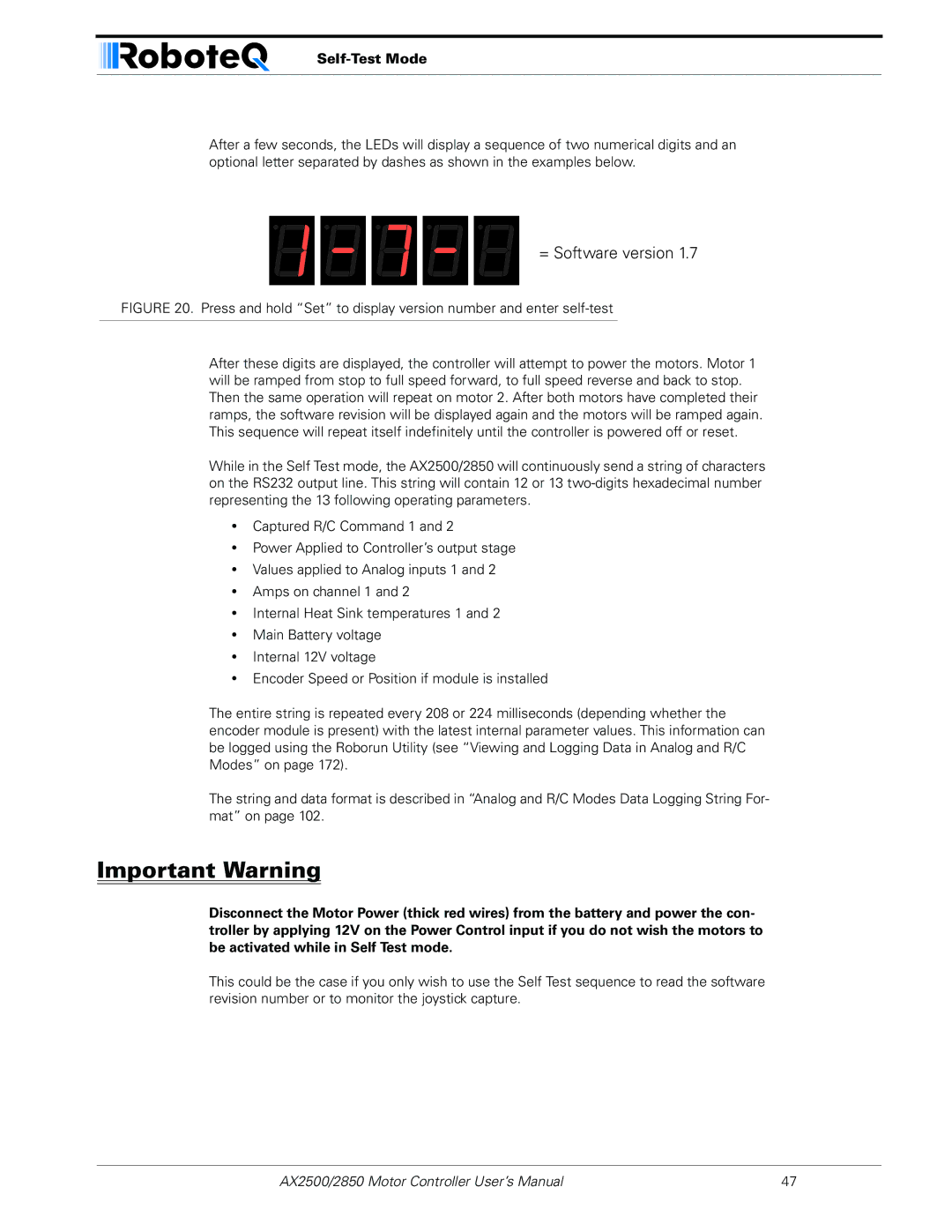 RoboteQ AX2550/2850 user manual Self-Test Mode 