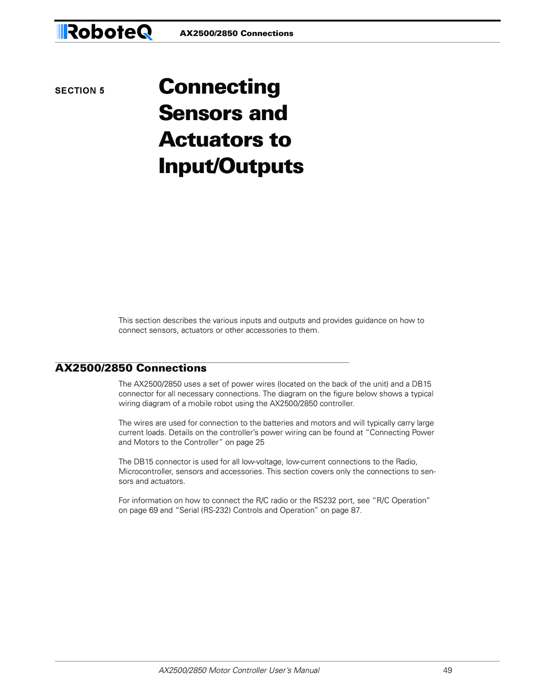 RoboteQ AX2550/2850 user manual Connecting Sensors and Actuators to Input/Outputs, AX2500/2850 Connections 