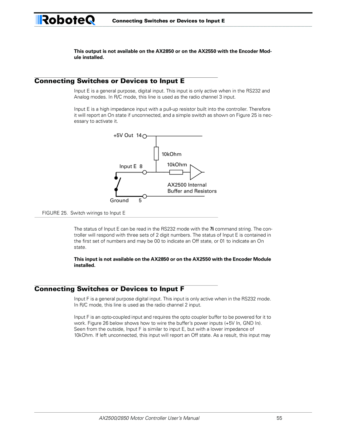 RoboteQ AX2550/2850 user manual Connecting Switches or Devices to Input E, Connecting Switches or Devices to Input F 