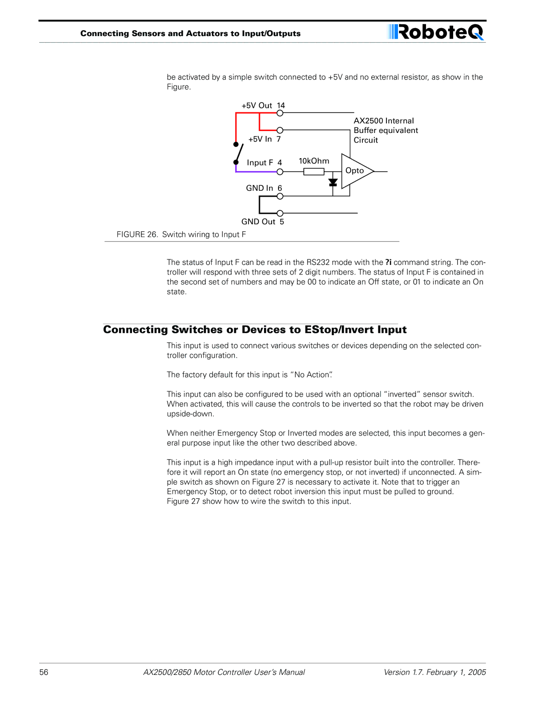 RoboteQ AX2550/2850 Connecting Switches or Devices to EStop/Invert Input, Show how to wire the switch to this input 