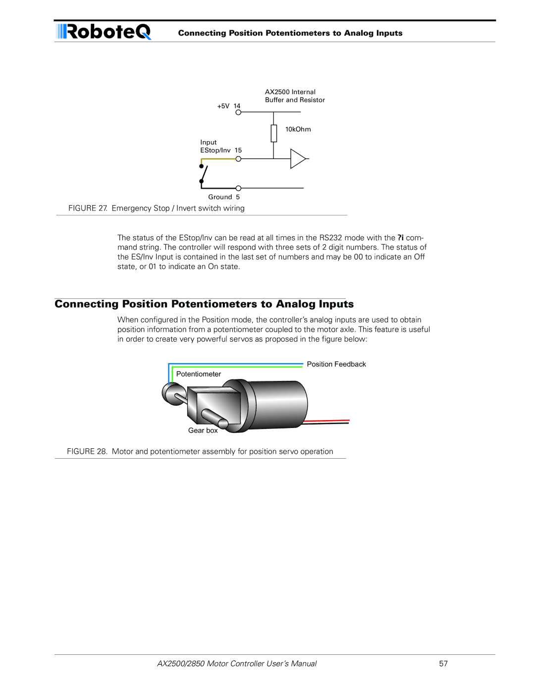 RoboteQ AX2550/2850 user manual Connecting Position Potentiometers to Analog Inputs 