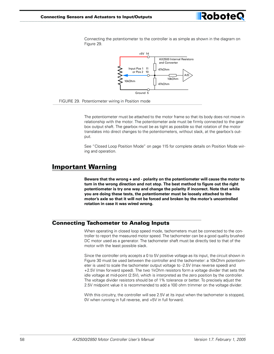 RoboteQ AX2550/2850 user manual Connecting Tachometer to Analog Inputs, Potentiometer wiring in Position mode 