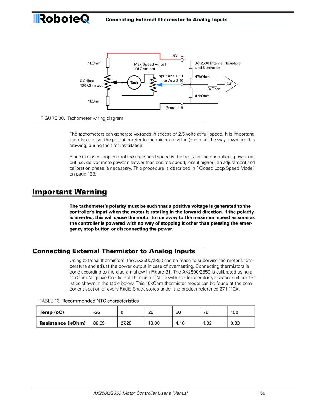 RoboteQ AX2550/2850 user manual Connecting External Thermistor to Analog Inputs, Temp oC, Resistance kOhm 