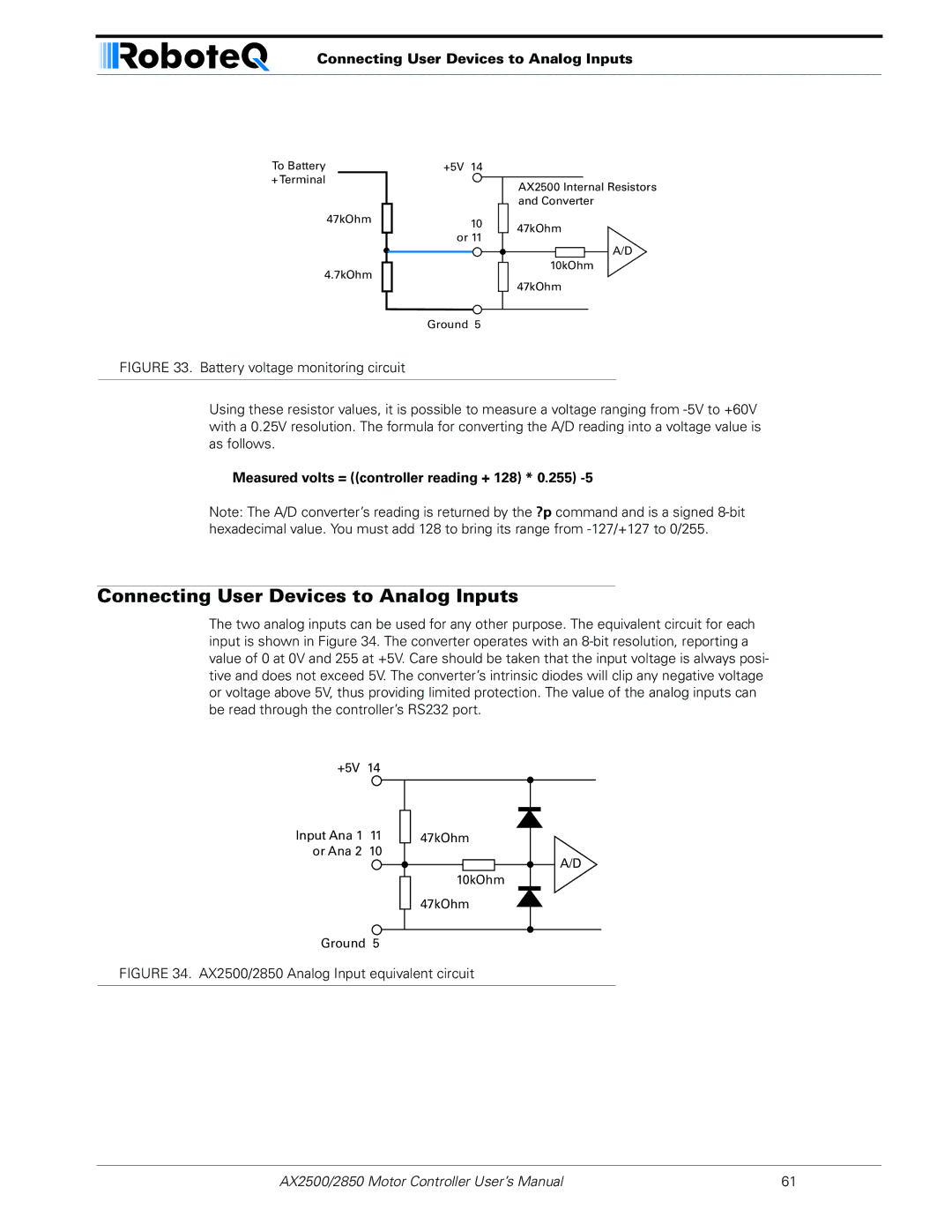 RoboteQ AX2550/2850 user manual Connecting User Devices to Analog Inputs, Measured volts = controller reading + 128 * 0.255 