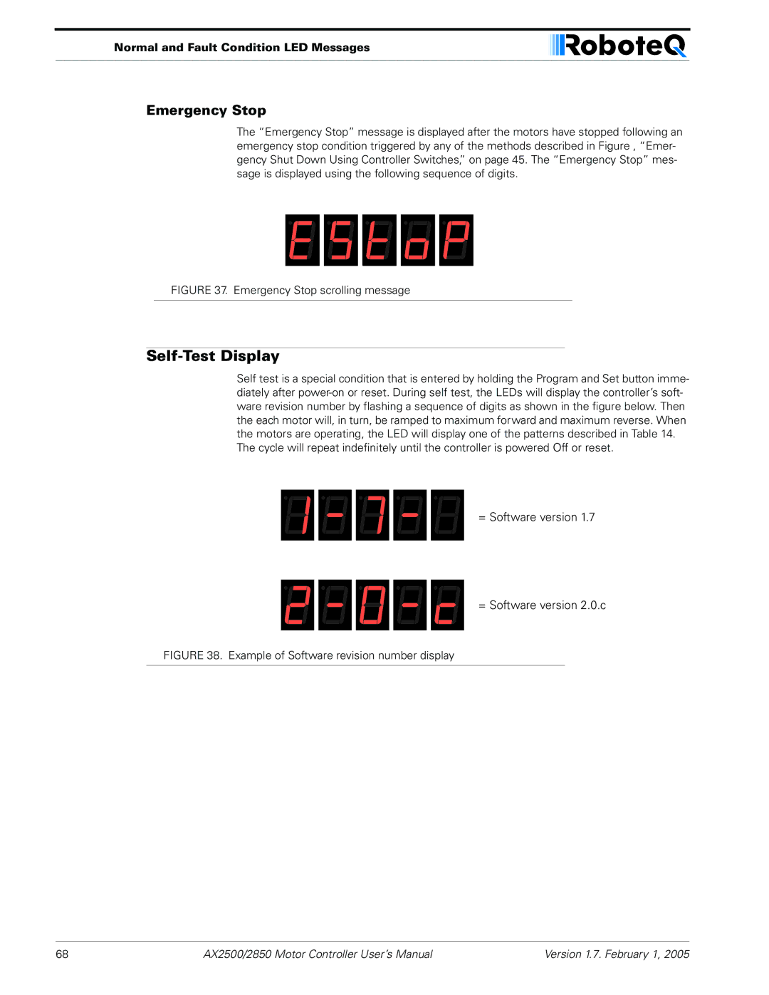 RoboteQ AX2550/2850 user manual Self-Test Display, Emergency Stop 