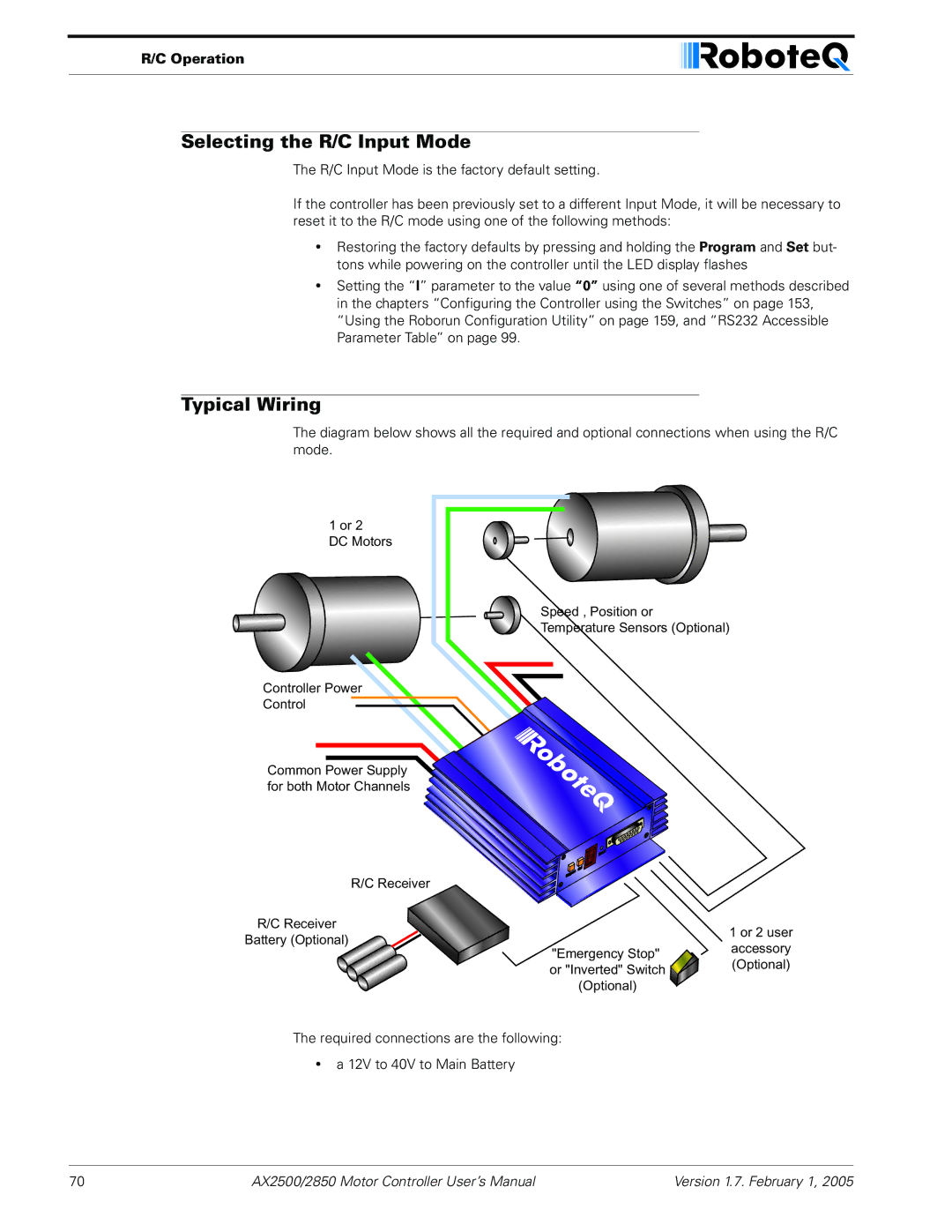 RoboteQ AX2550/2850 user manual Selecting the R/C Input Mode, Typical Wiring, Operation 