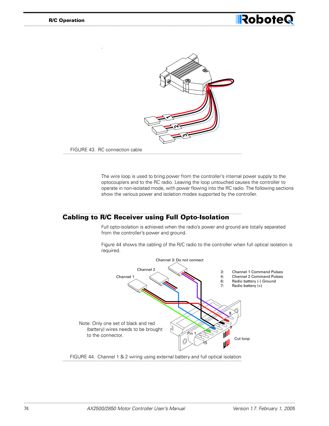 RoboteQ AX2550/2850 user manual Cabling to R/C Receiver using Full Opto-Isolation 