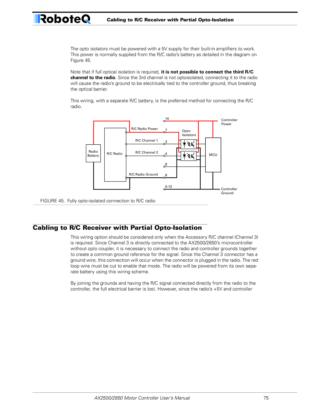 RoboteQ AX2550/2850 user manual Cabling to R/C Receiver with Partial Opto-Isolation 