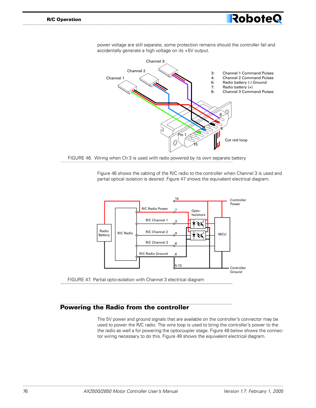 RoboteQ AX2550/2850 Powering the Radio from the controller, Partial opto-isolation with Channel 3 electrical diagram 