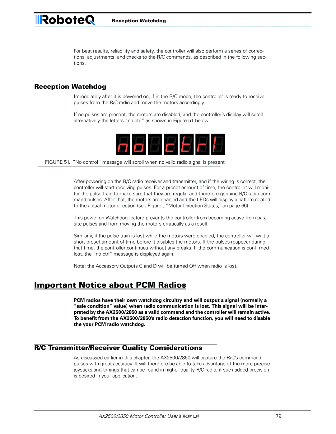 RoboteQ AX2550/2850 user manual Reception Watchdog, Transmitter/Receiver Quality Considerations 