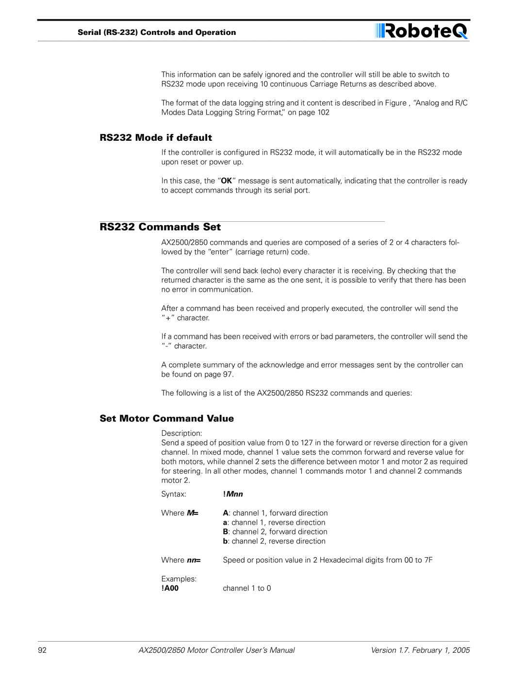 RoboteQ AX2550/2850 user manual RS232 Commands Set, RS232 Mode if default, Set Motor Command Value 