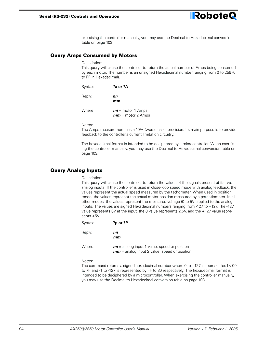 RoboteQ AX2550/2850 user manual Query Amps Consumed by Motors, Query Analog Inputs 