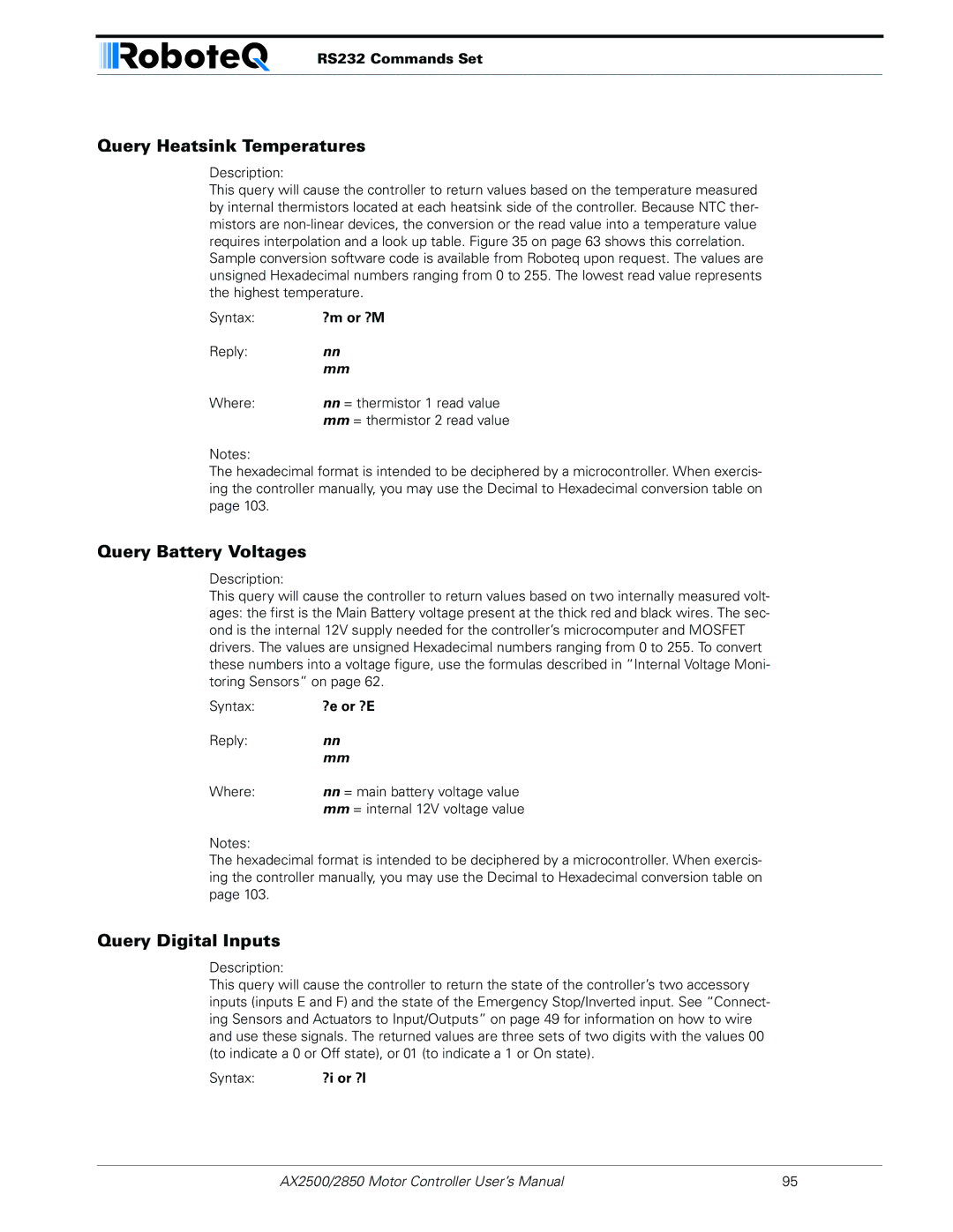 RoboteQ AX2550/2850 Query Heatsink Temperatures, Query Battery Voltages, Query Digital Inputs, RS232 Commands Set 