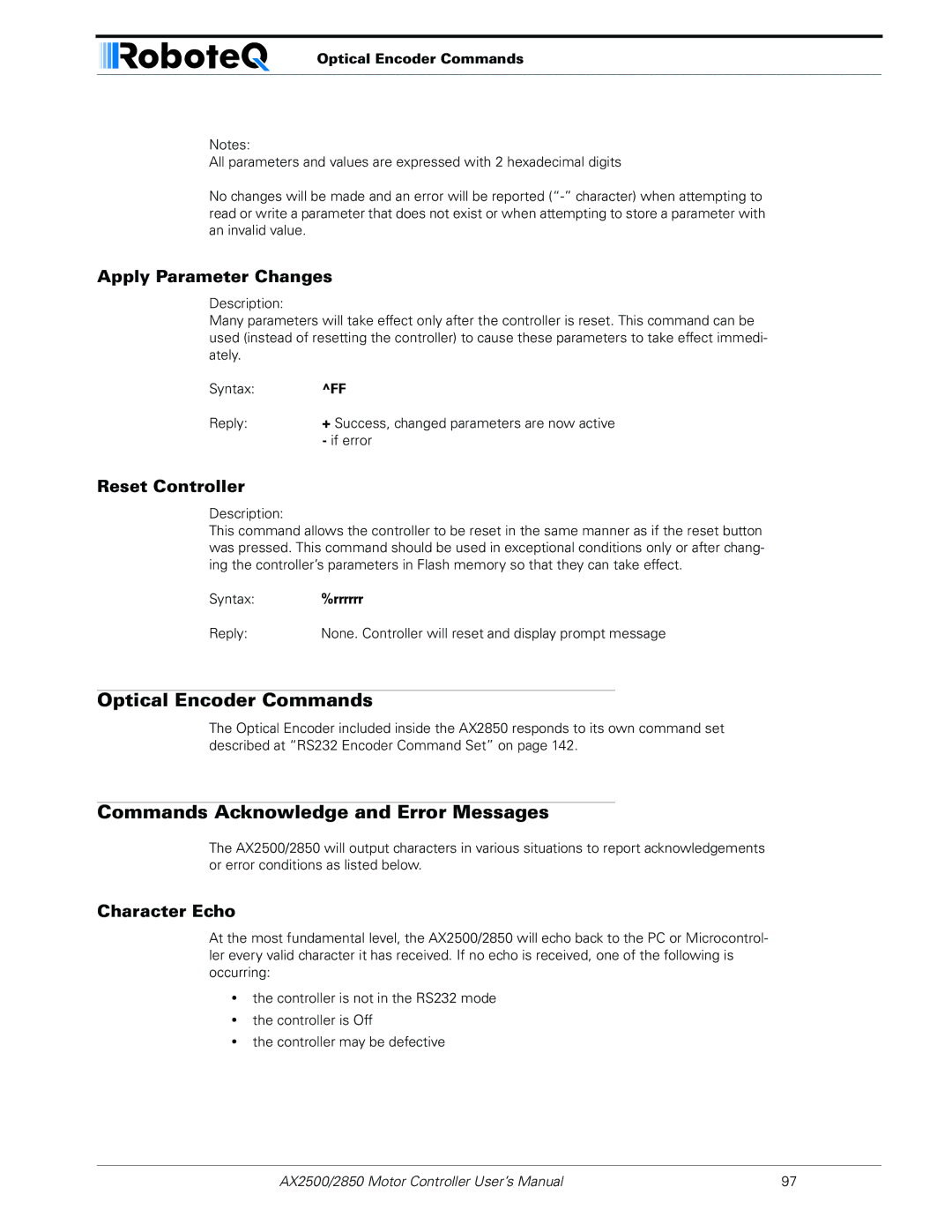 RoboteQ AX2550/2850 user manual Optical Encoder Commands, Commands Acknowledge and Error Messages, Apply Parameter Changes 