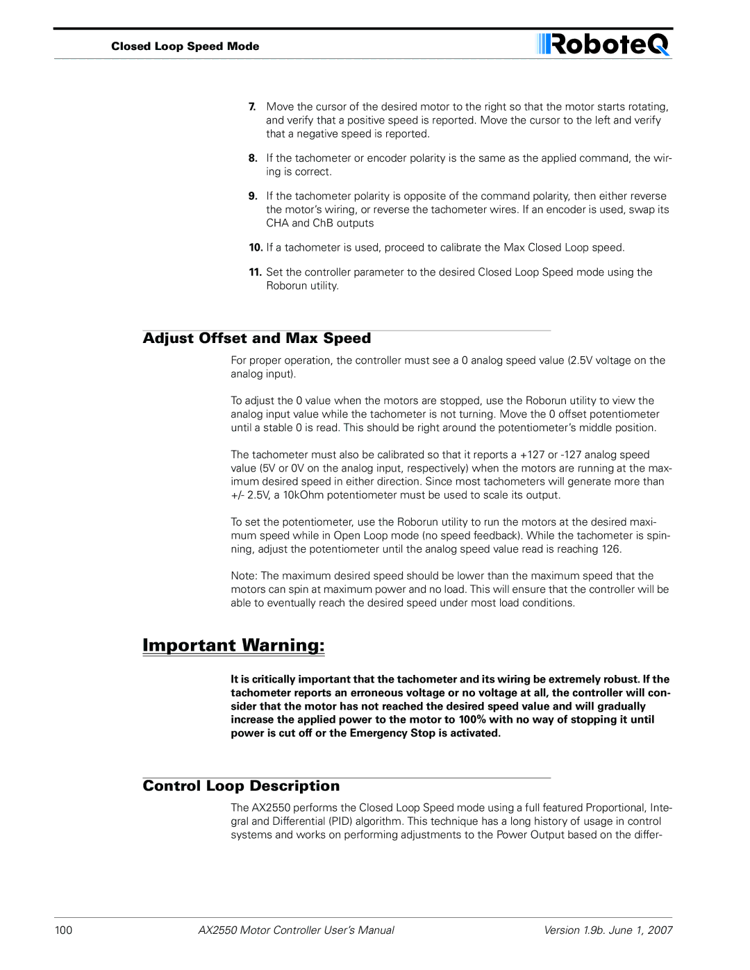 RoboteQ AX2850 user manual Adjust Offset and Max Speed, Control Loop Description 