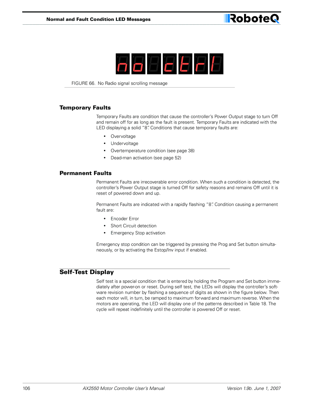 RoboteQ AX2850 user manual Self-Test Display, Temporary Faults, Permanent Faults 