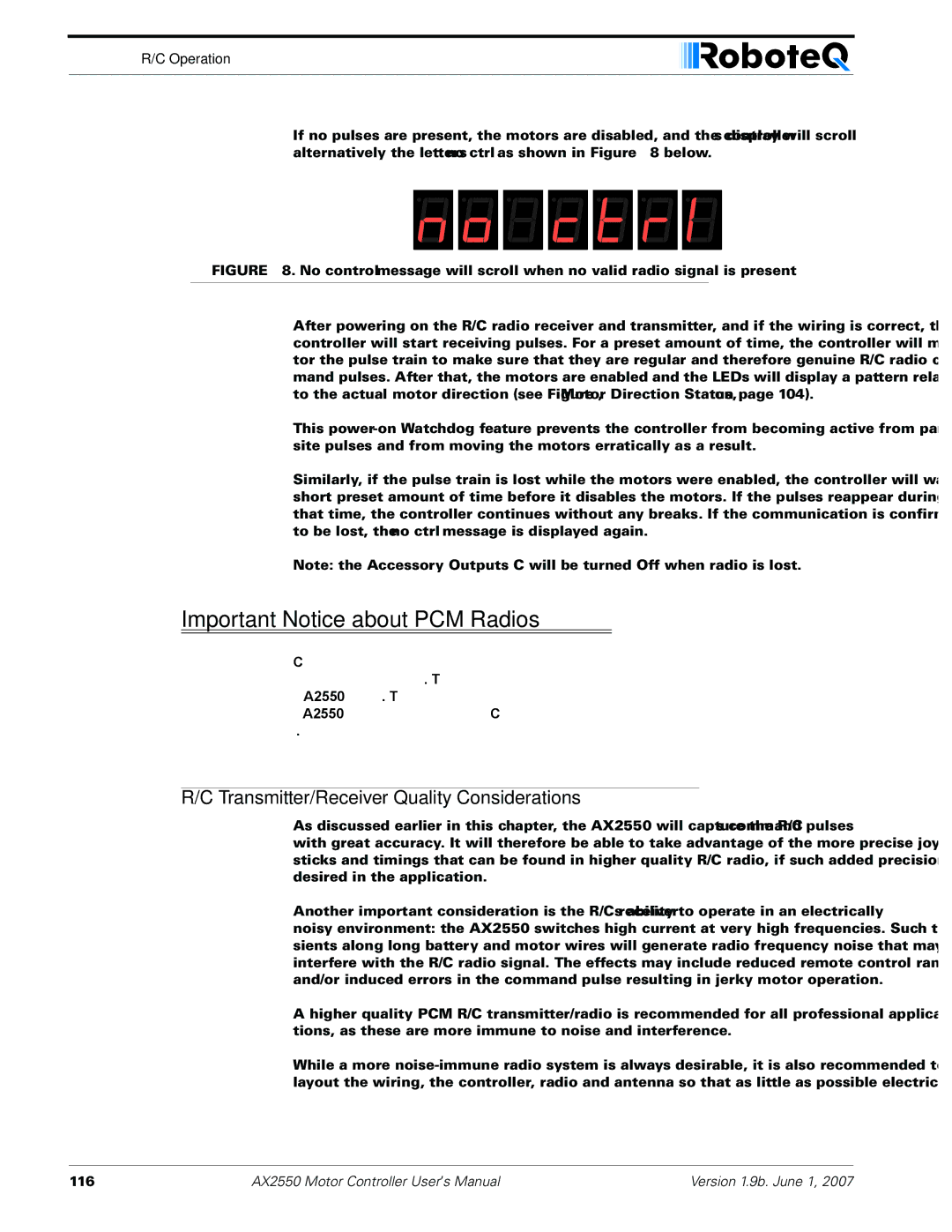 RoboteQ AX2850 user manual Important Notice about PCM Radios, Transmitter/Receiver Quality Considerations 