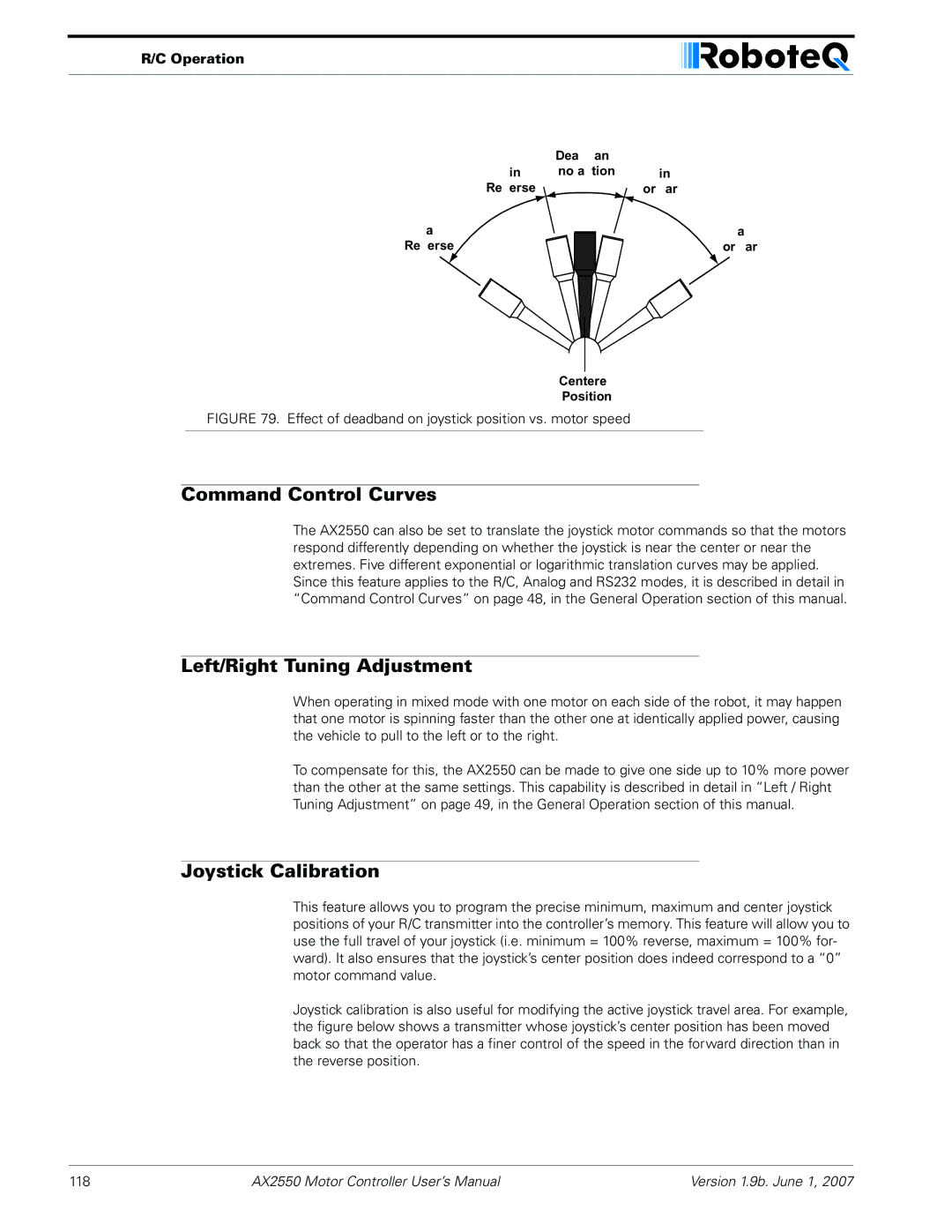 RoboteQ AX2850 user manual Left/Right Tuning Adjustment, Joystick Calibration 