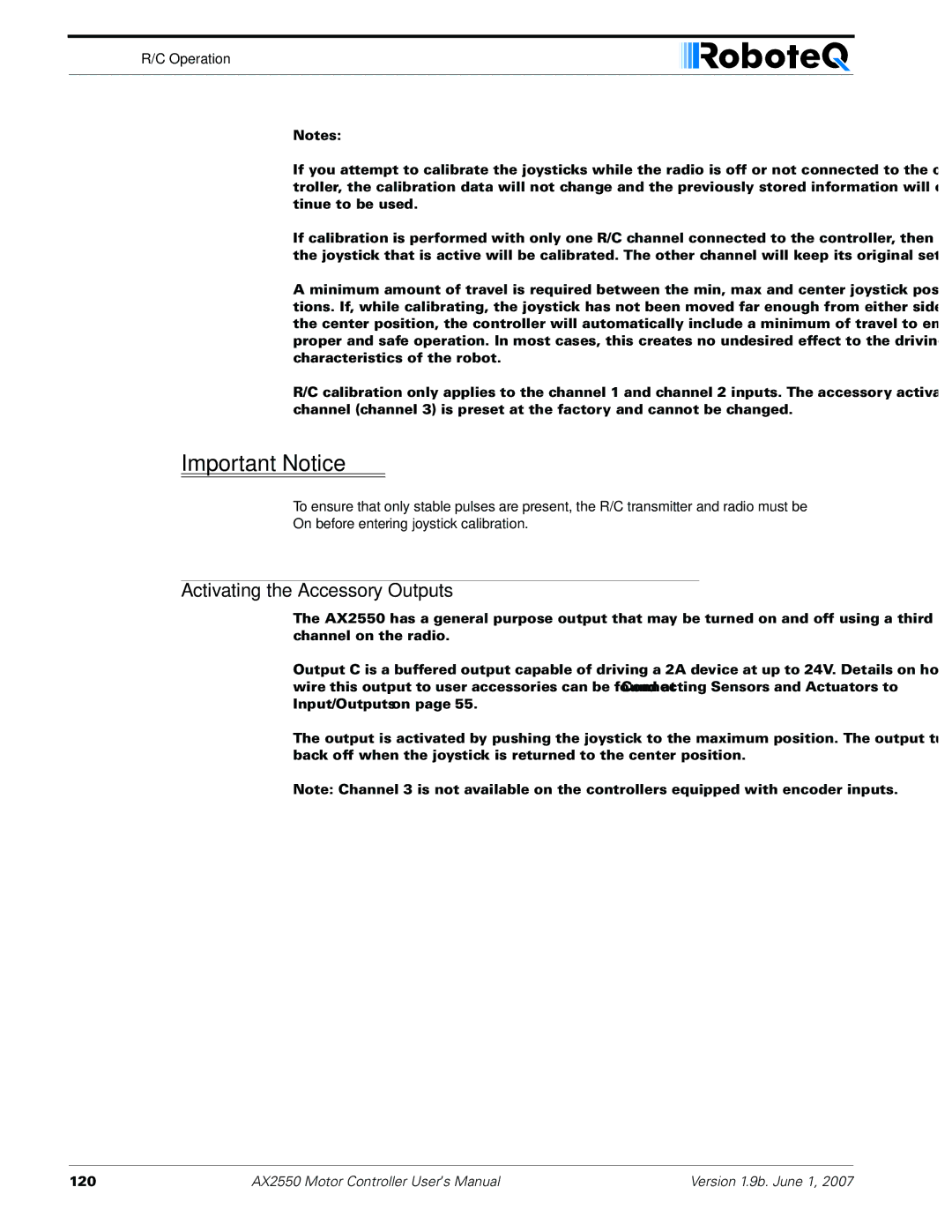 RoboteQ AX2850 user manual Activating the Accessory Outputs 