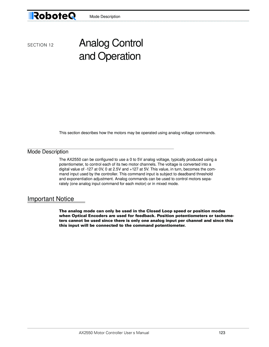 RoboteQ AX2850 user manual Analog Control and Operation, Mode Description 