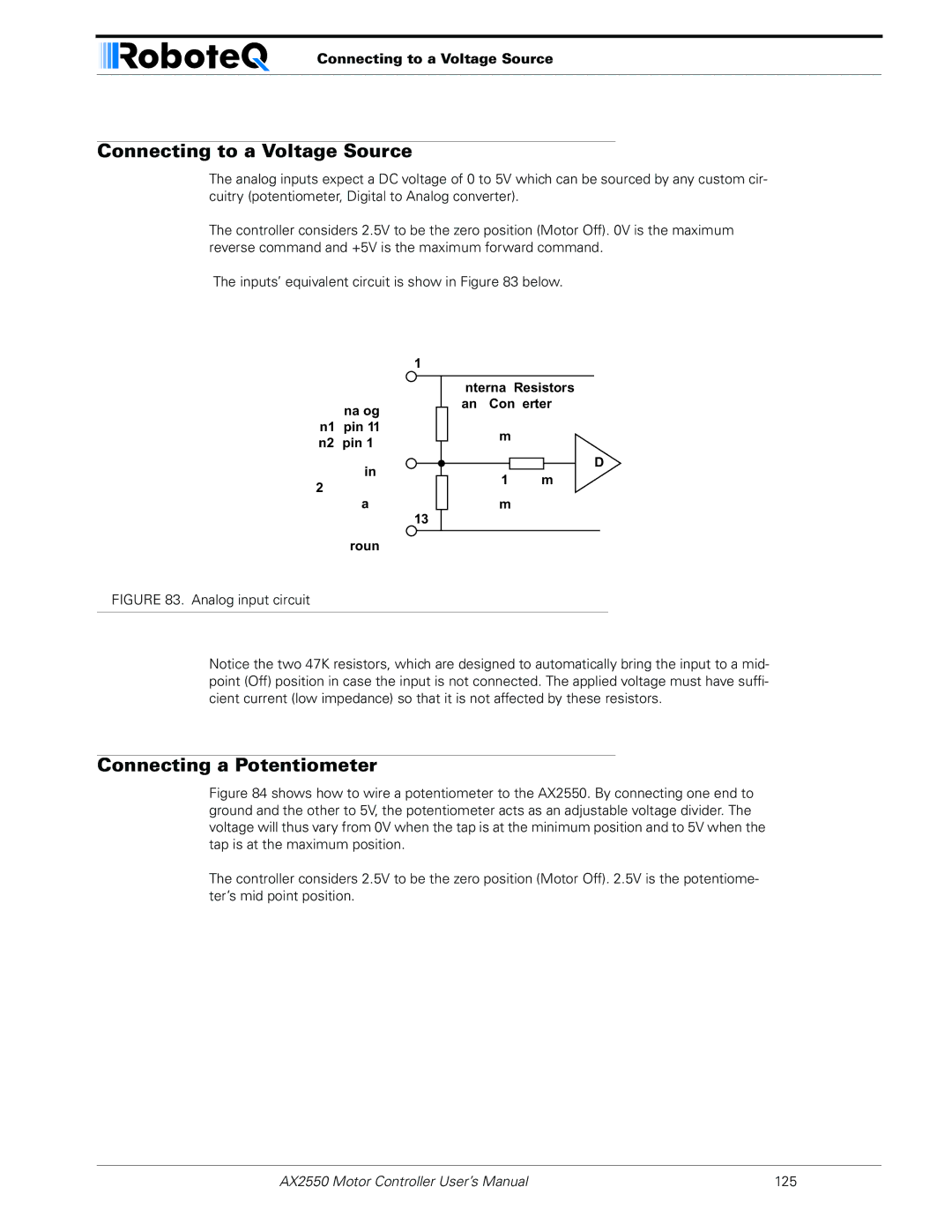 RoboteQ AX2850 user manual Connecting to a Voltage Source, Connecting a Potentiometer 