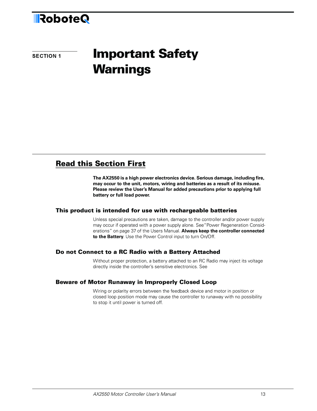 RoboteQ AX2850 user manual Important Safety, Beware of Motor Runaway in Improperly Closed Loop 